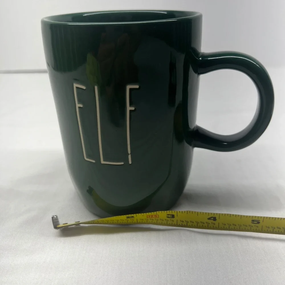RAE DUNN Green Ceramic Christmas‎ ELF Mug & Wooden Topper Coaster Magenta NEW